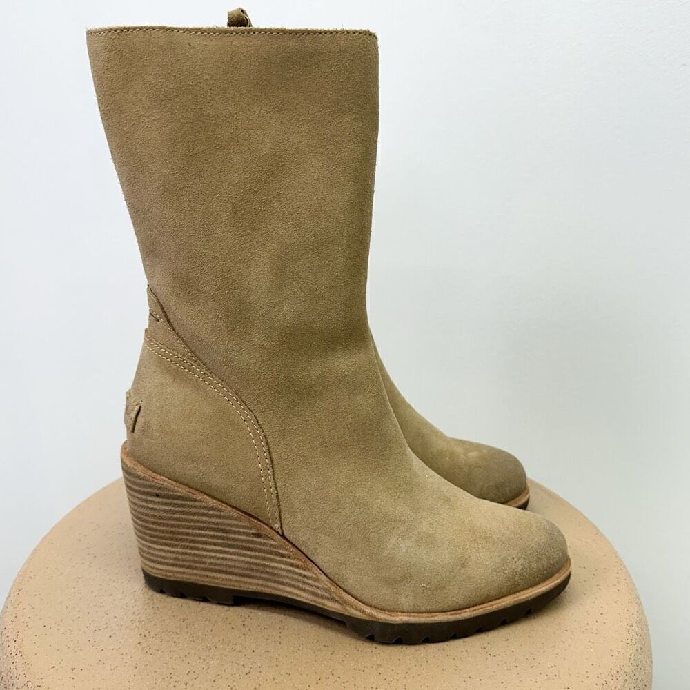Sorel Women’s After Hours Suede Beach Tan Mid Calf Wedge Heel Zip Boot